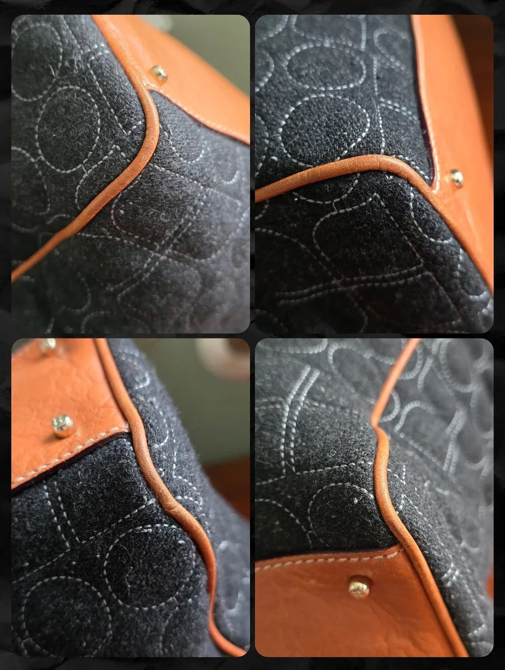 Kate Spade WKRU0223 Quilted Wool Dark Gray Tan Leather Tote Shoulder Bag